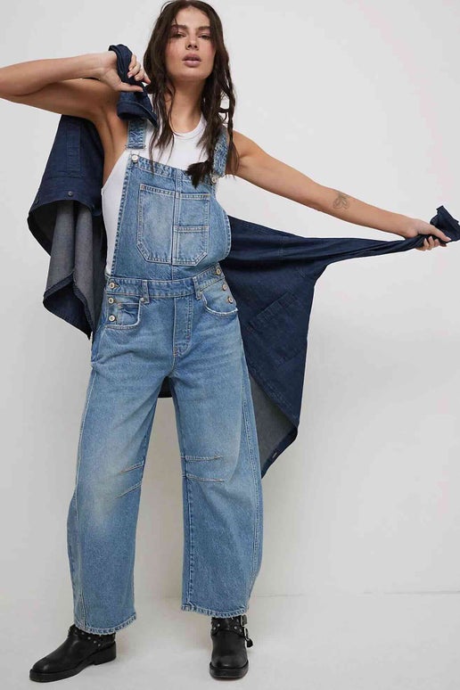 Free People- We The Free Good Luck Barrel Overalls in Ultra Light Beam