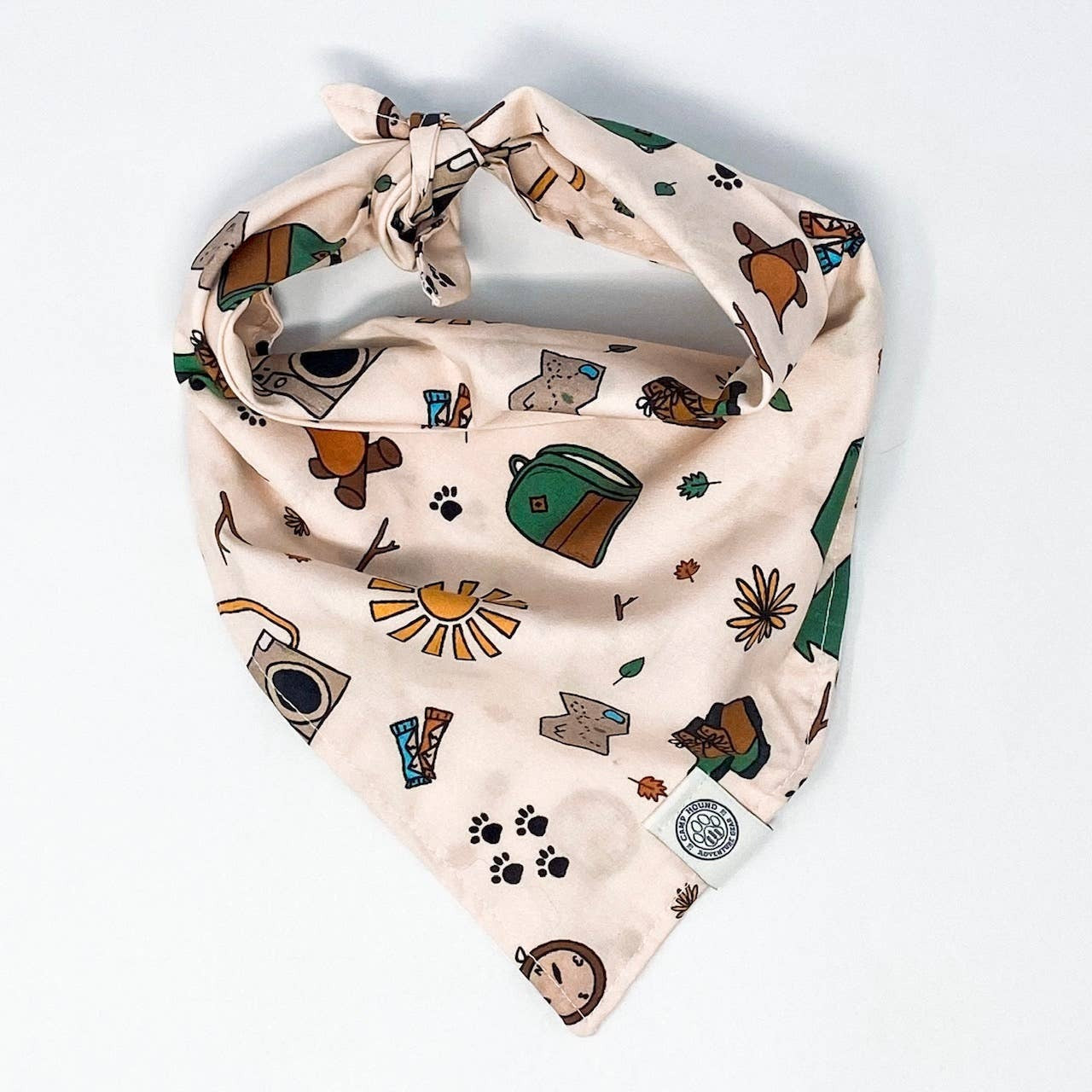 My inspiration for this print was all of our hiking adventures! It features all of the hiking essentials for your next outing (trail mix not included 😉 ) -Shelby

All of our bandanas are tie-on.
We recommend 1-2-2-1 sizing. Only looking to carry one size