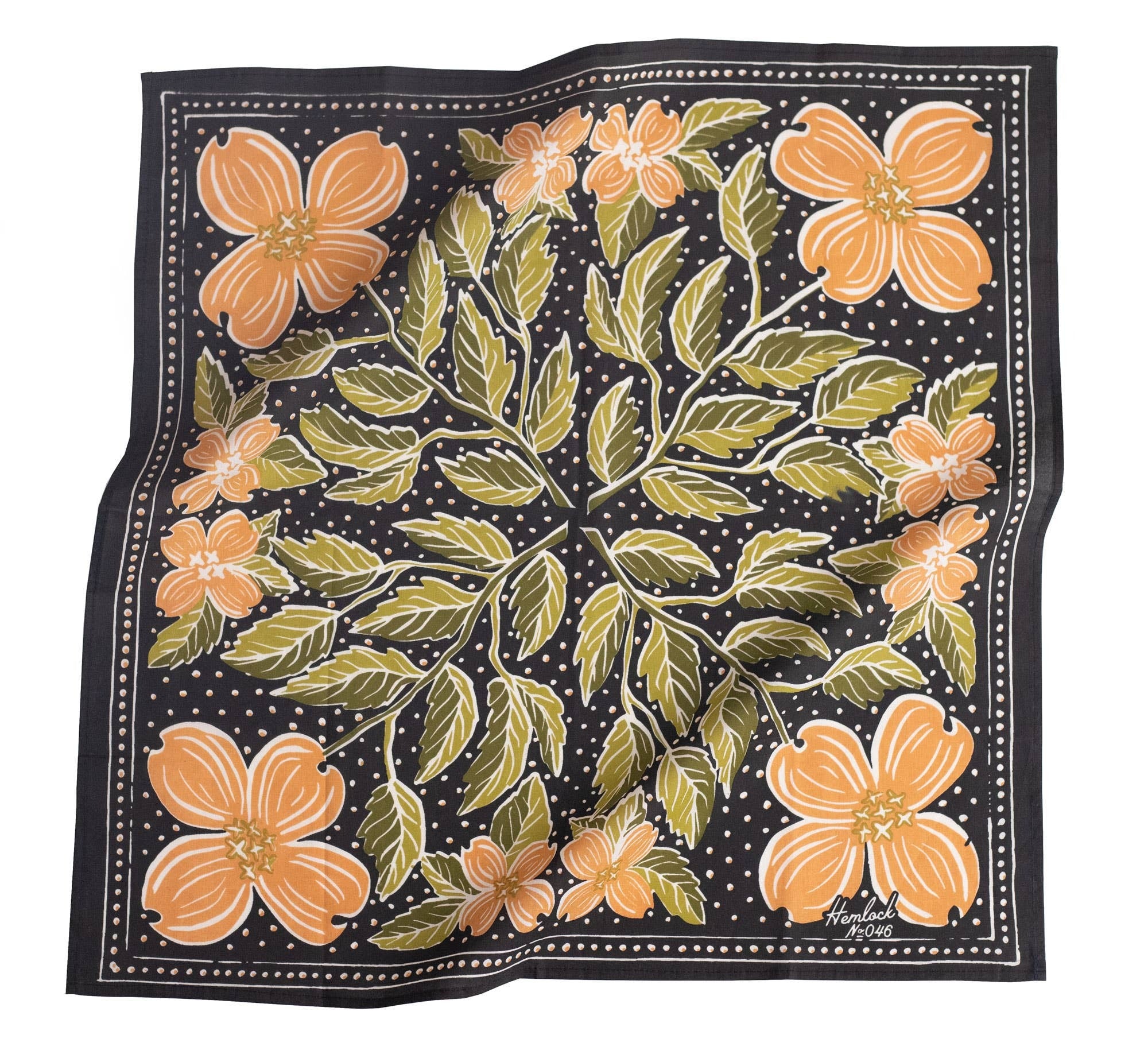 Color & Pattern: Black with Peach & Green dogwood flowers

Material: 100% premium cotton

Sizing: 22x22 inches

Designed in the U.S.

Hand screen-printed in India

Bandanas can be used in so many different ways! Use it as a handkerchief on hikes, wear it 