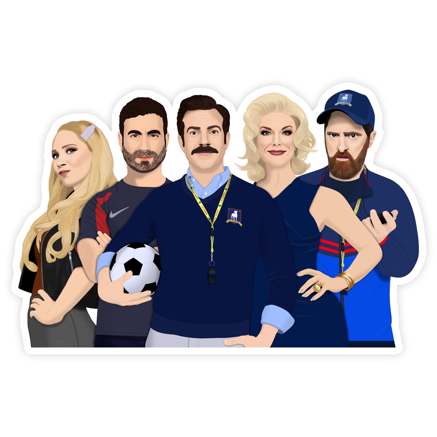 Ted Lasso Full Cast Sticker Keeley, Roy, Ted, Rebecca, Beard

Size: 4" x 2.5"

Keeley Jones, Roy Kent, Ted Lasso, Rebecca Welton, Coach Beard

-Vinyl
-Waterproof
-Cut to shape
-Thick
-Durable
-Peel and stick

Great for notebooks, laptops, phone cases, bin