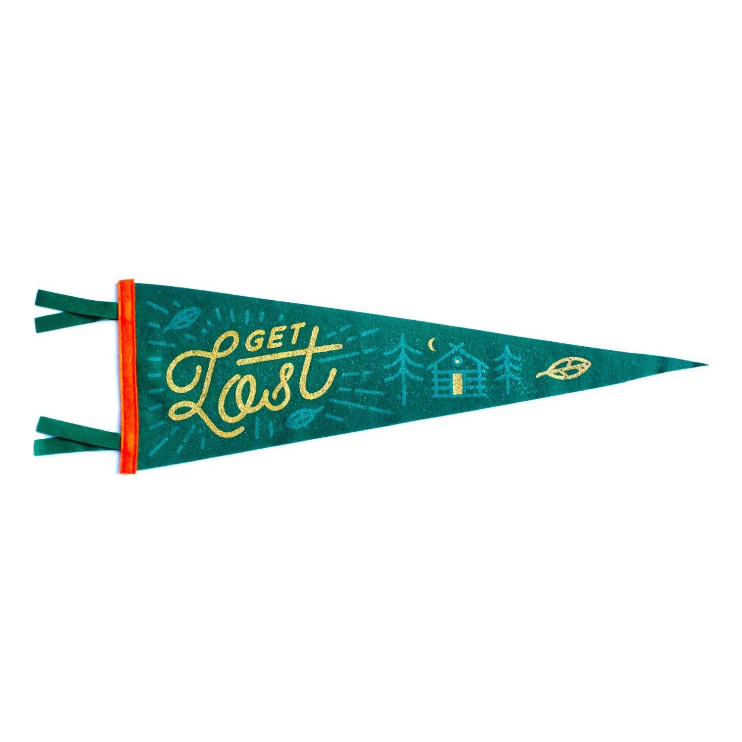 This custom Get Lost pennant is perfect for explorers, campers, travelers, adventurers and lovers of the outdoors alike. A collaboration with Lost Lust Supply.

Size: 9" x 27"

Material: Cut-and-sewn wool felt, screen-printed design

Color: Forest Green