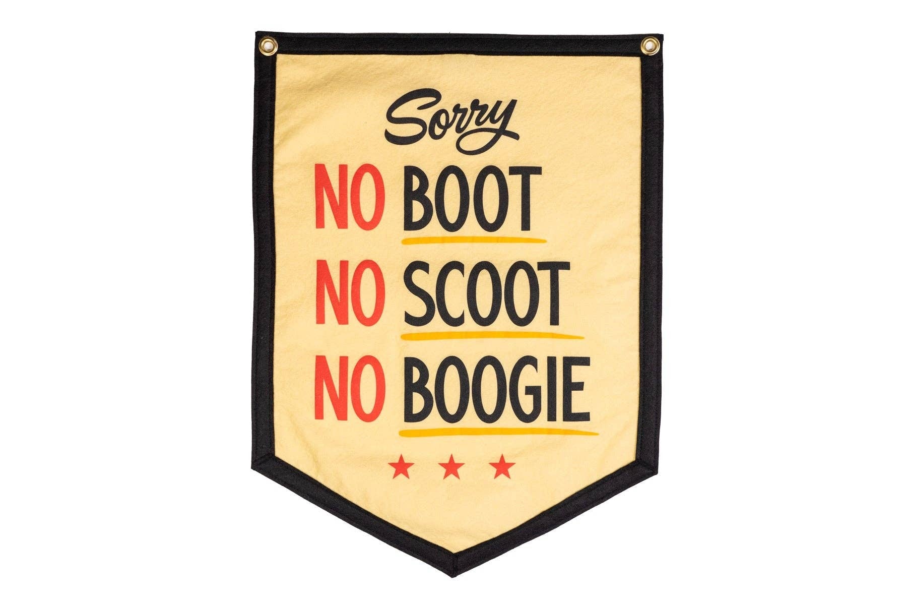 Two-step, or scram.


This camp flag is part of our collaboration with Holy Smokes, a super talented designer, illustrator and Buffalo's native son, Cody Weiler.

Size: 18" x 24"

Material: Cut-and-sewn wool felt and printed design

Color: Cream body, red
