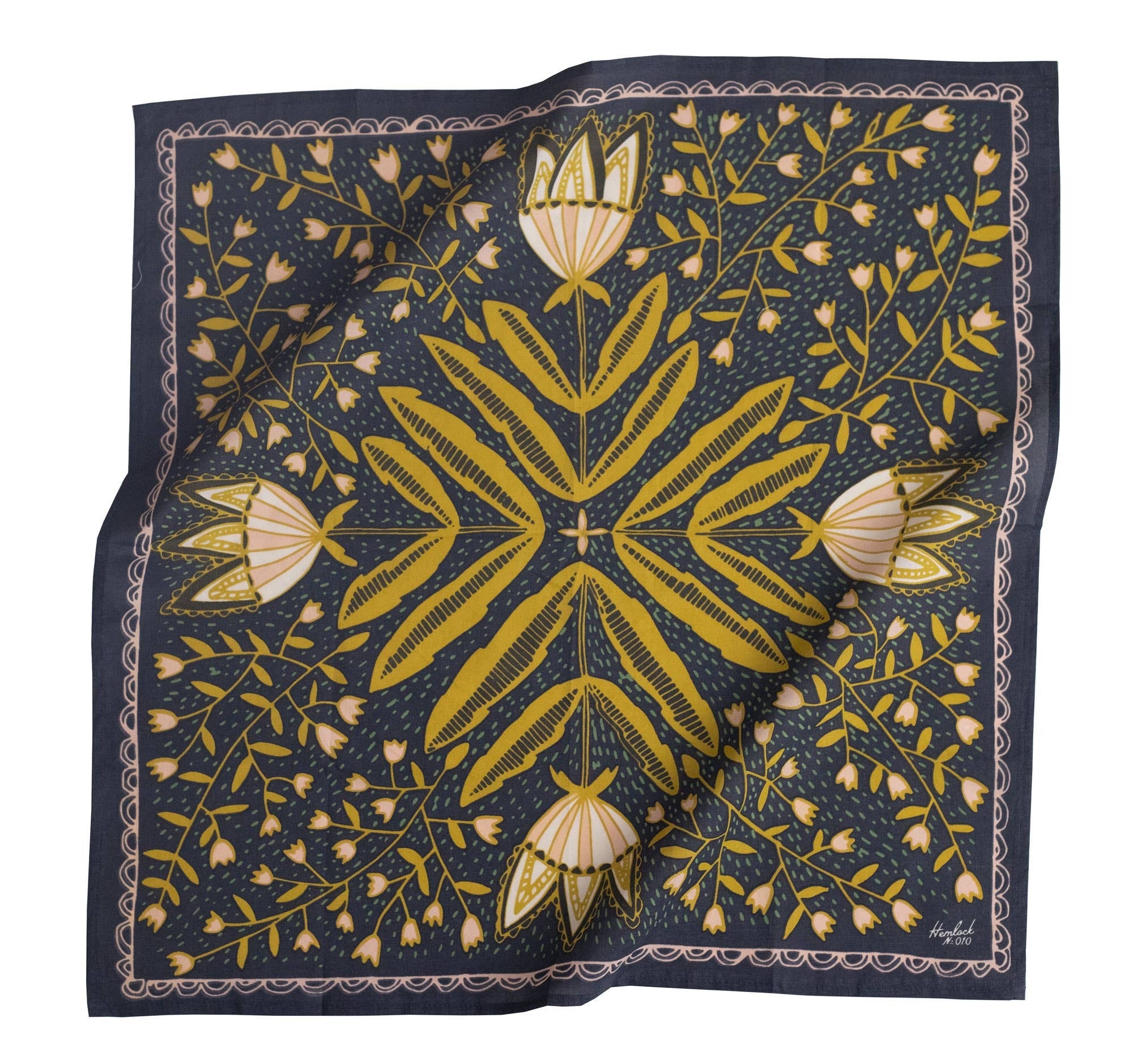 Color: Navy Blue with Yellow and Pink Flowers

Material: 100% premium cotton

Sizing: 22x22 inches

Designed in the U.S.

Hand screen-printed in India

Bandanas can be used in so many different ways! Use it as a handkerchief on hikes, wear it in your hair