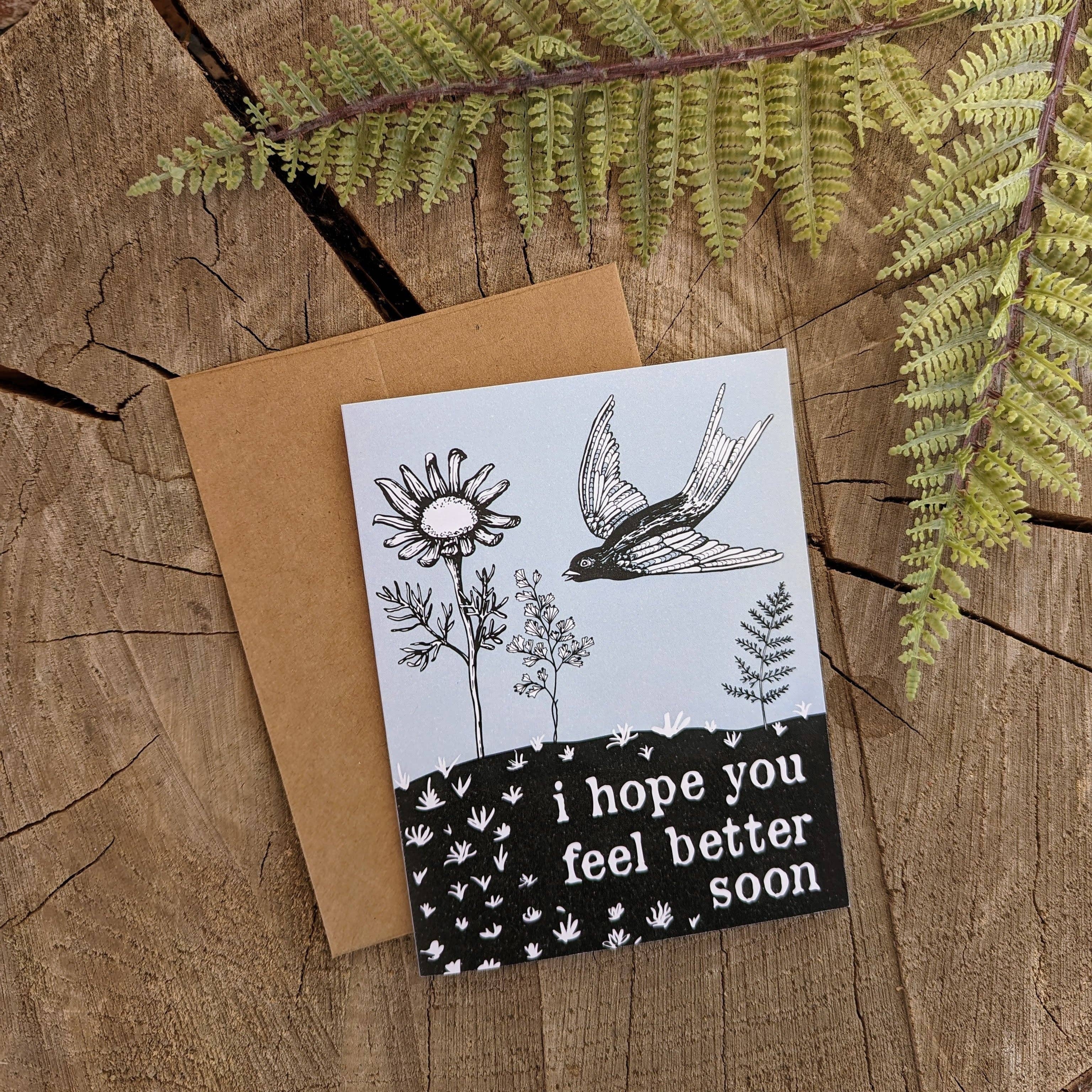 This bird hopes you feel better soon. Based on pen and ink drawings by ilikesara / Sara Schalliol-Hodge.

Based on an original linocut print by ilikesara / Sara Schalliol-Hodge.

-light blue, black, & white
-card measures 4.25" x 5.5" when folded
-printed