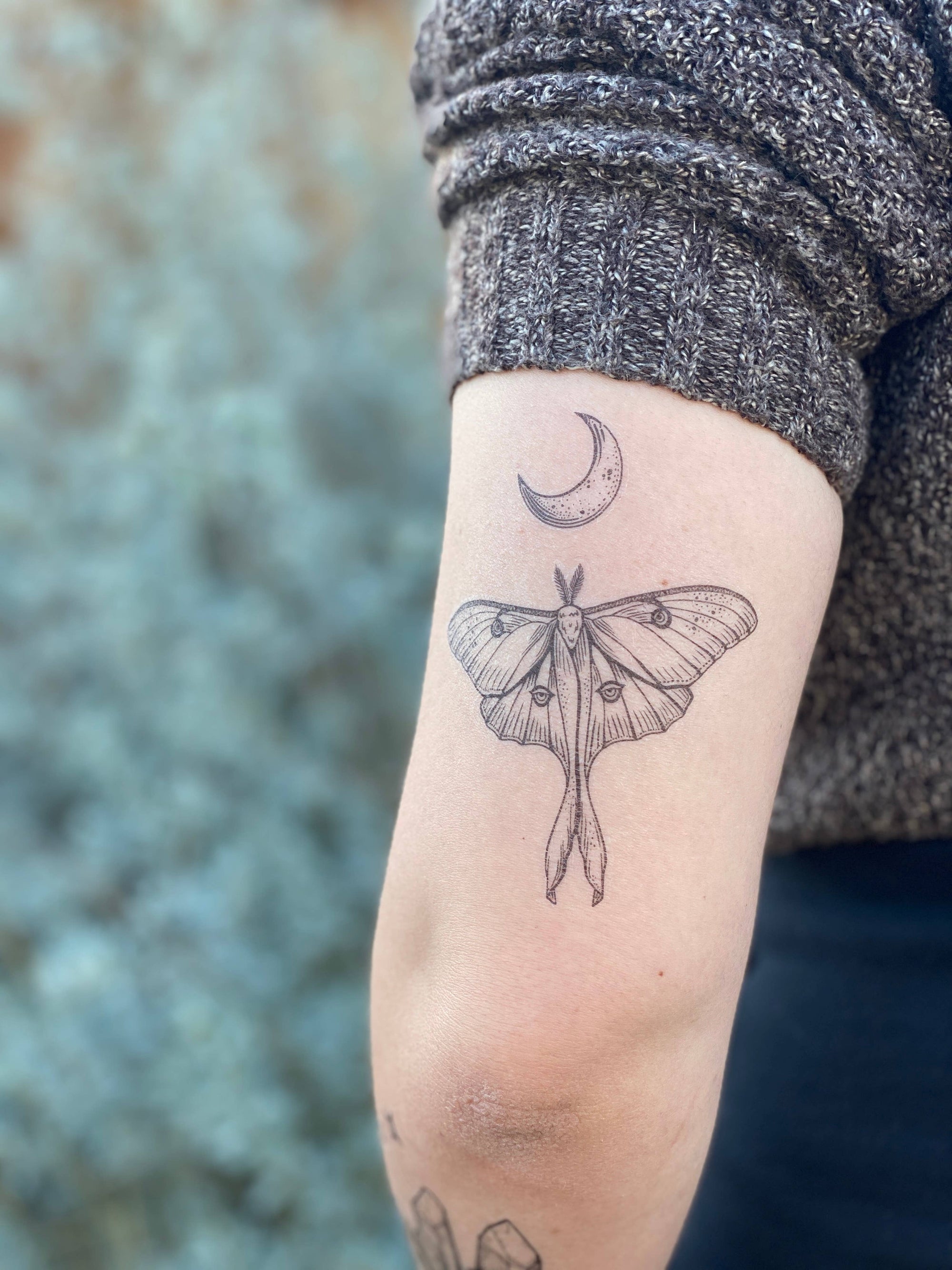 Luna Moth temporary tattoo 2 pack. Luna moths are a pale green moth, with small eye-shaped patterns on each wing. Their wings each have an elongated double ribbon-like tail, which is one of their most recognizable features. This original hand-drawn design