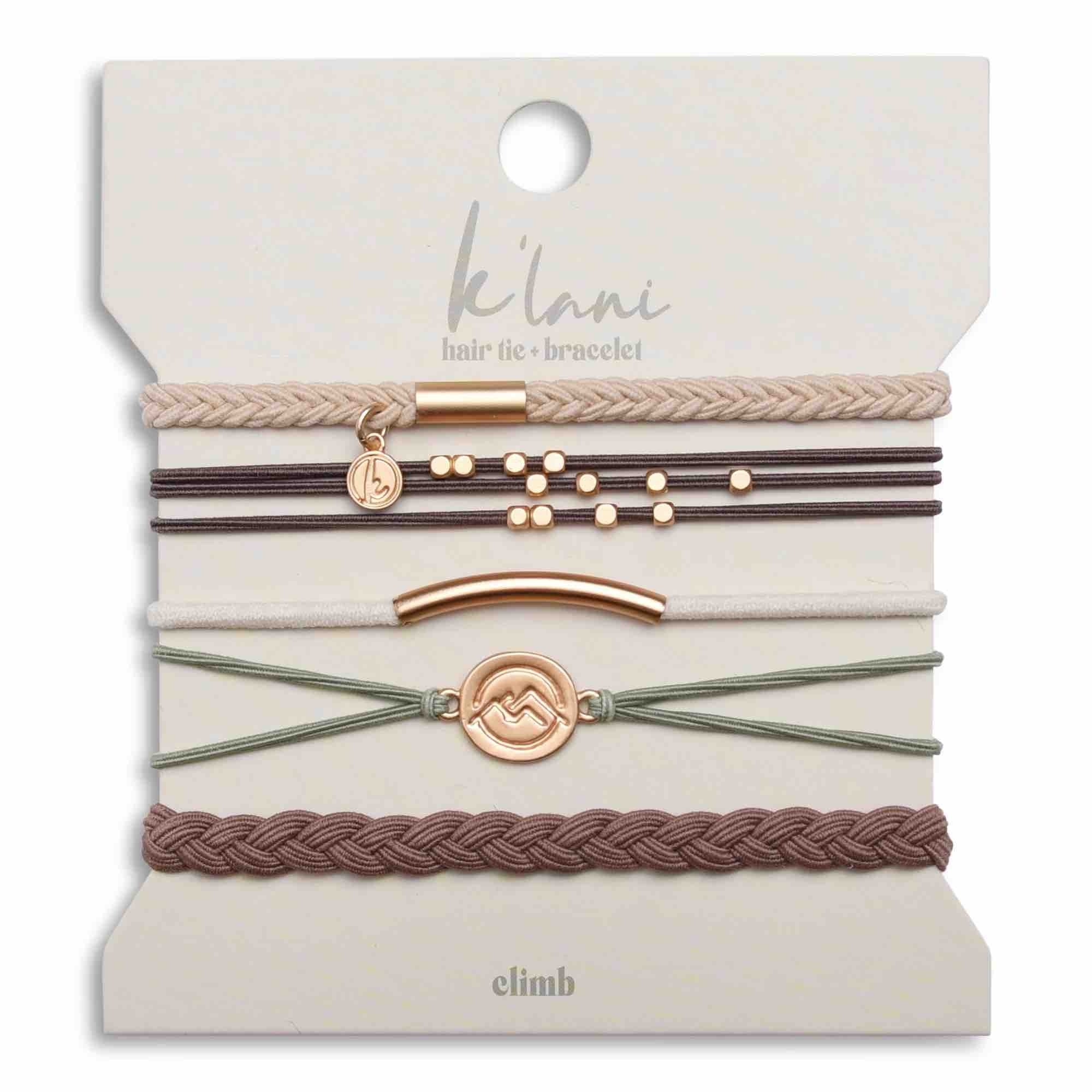 CLIMB. Your mountain top is in reach.
K'lani hair tie bracelets can be used as a bracelet or hair band.