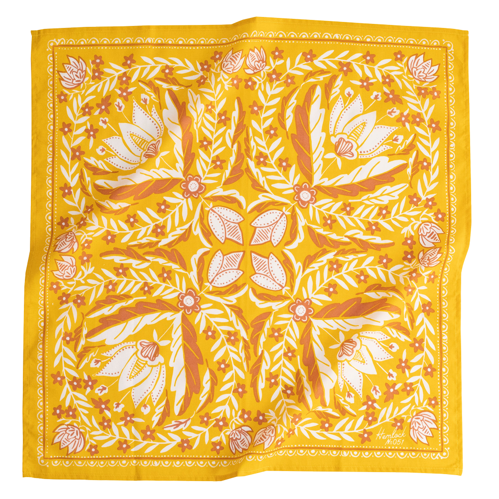 Color: Gold with Cream flowers

Material: 100% premium cotton

Sizing: 22x22 inches

Designed in the U.S.

Hand screen-printed in India

Bandanas can be used in so many different ways! Use it as a handkerchief on hikes, wear it in your hair or on your clo