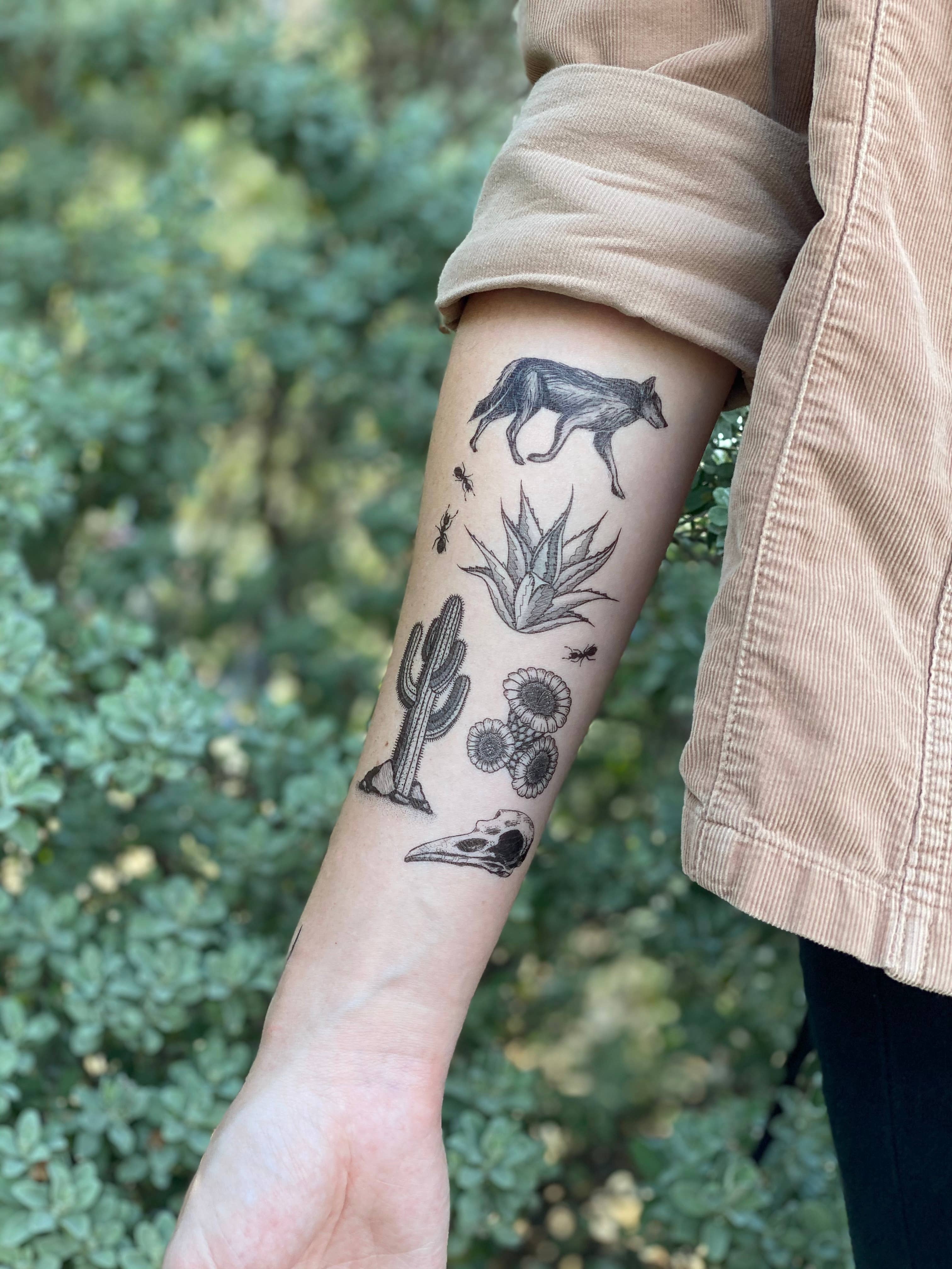Desert Wild temporary tattoo 2 pack. A collection of temporary tattoos inspired by the American southwest desert. These designs truly represent the rough yet lively wilderness. It includes a coyote, spikey agave, mighty saguaro, cactus flower, bird skull,