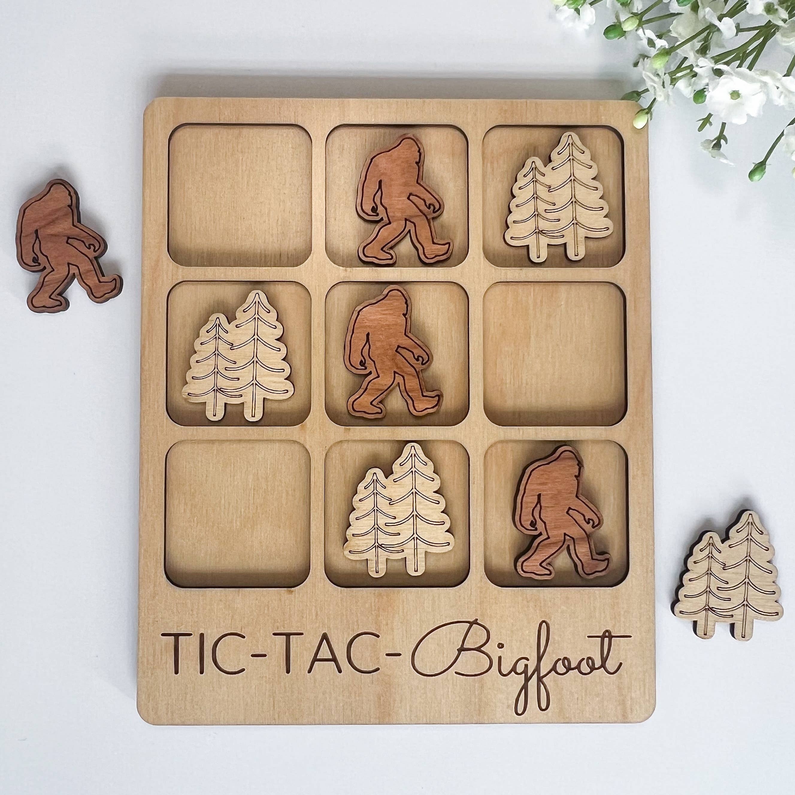 The travel-sized Tic-Tac-Bigfoot is a Bigfoot-themed Tic-Tac-Toe Game Set. It's the perfect gift for PNW'ers, East Coasters and anywhere Bigfoot fans live. Swap sighting stories or plan new adventures while you play.

FINISHED- Every board is handcrafted 