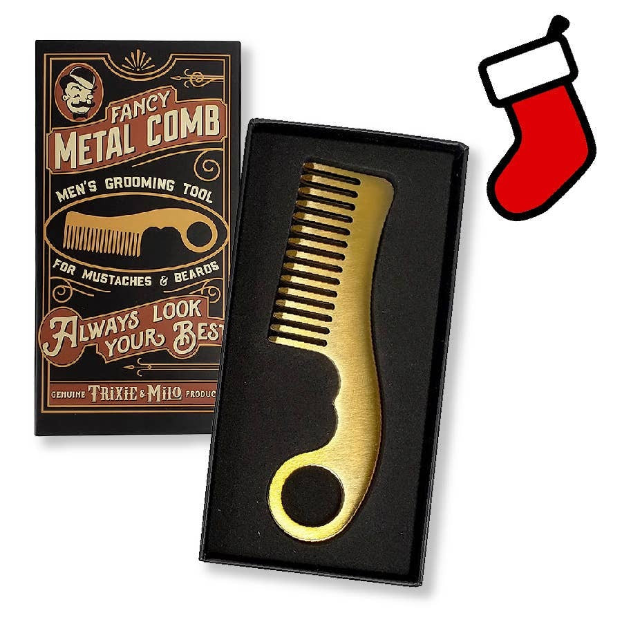 SET of 12 gift boxed combs - A classic Mens Gift item! Each comb costs $11.00, MSRP $22.00.  "Always look your best." FREE countertop display included.

This Fancy Metal Pocket Comb is a high-quality, stainless steel, brass-plated pocket comb for beards a