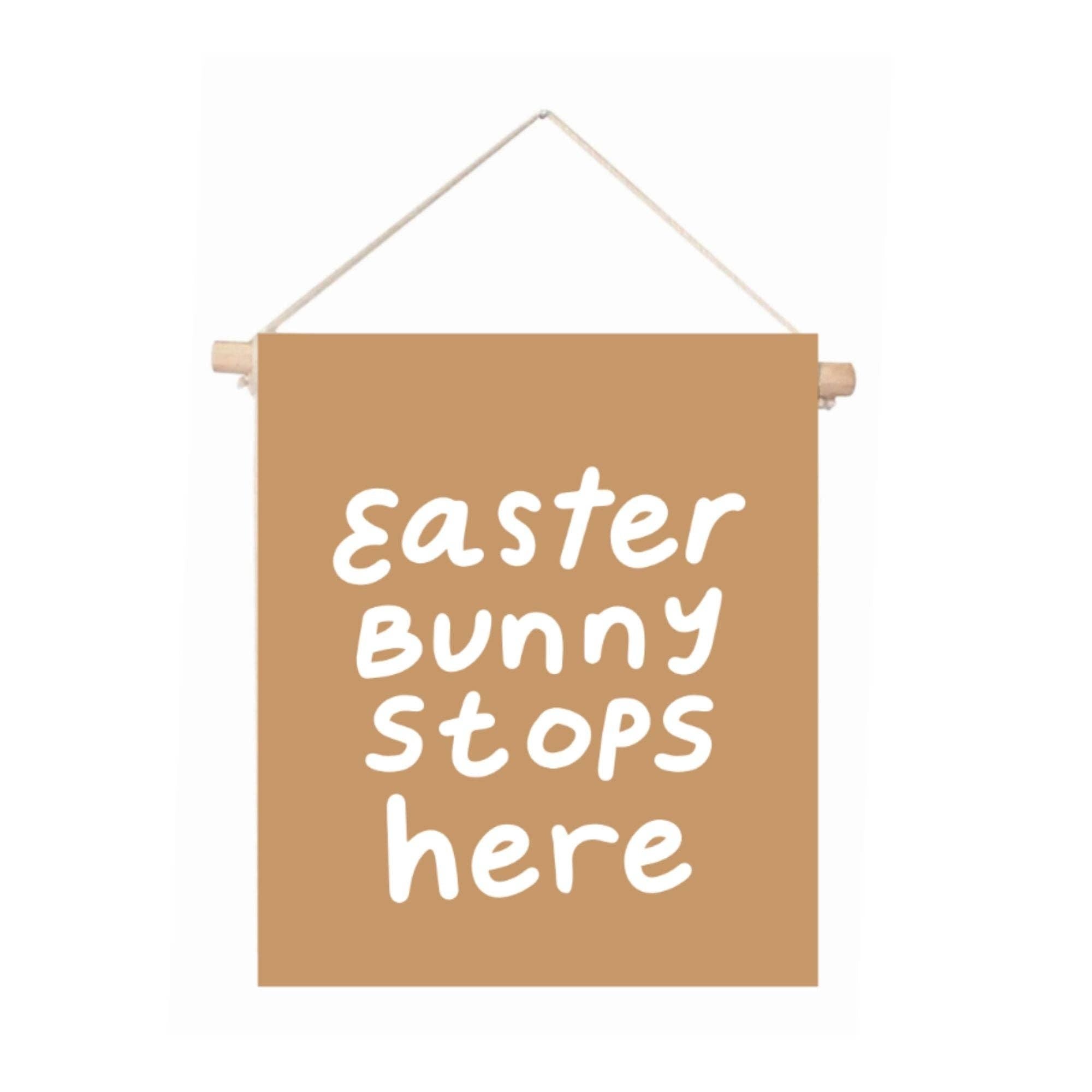 d e s c r i p t i o n
"Easter Bunny Stops Here" hang sign on natural canvas with a poplar wooden dowel. 
Sewn and screen printed by hand on natural canvas by empowered artisans in Mombasa, Kenya

s p e c s
+ peach canvas, white screen print color
+ poplar