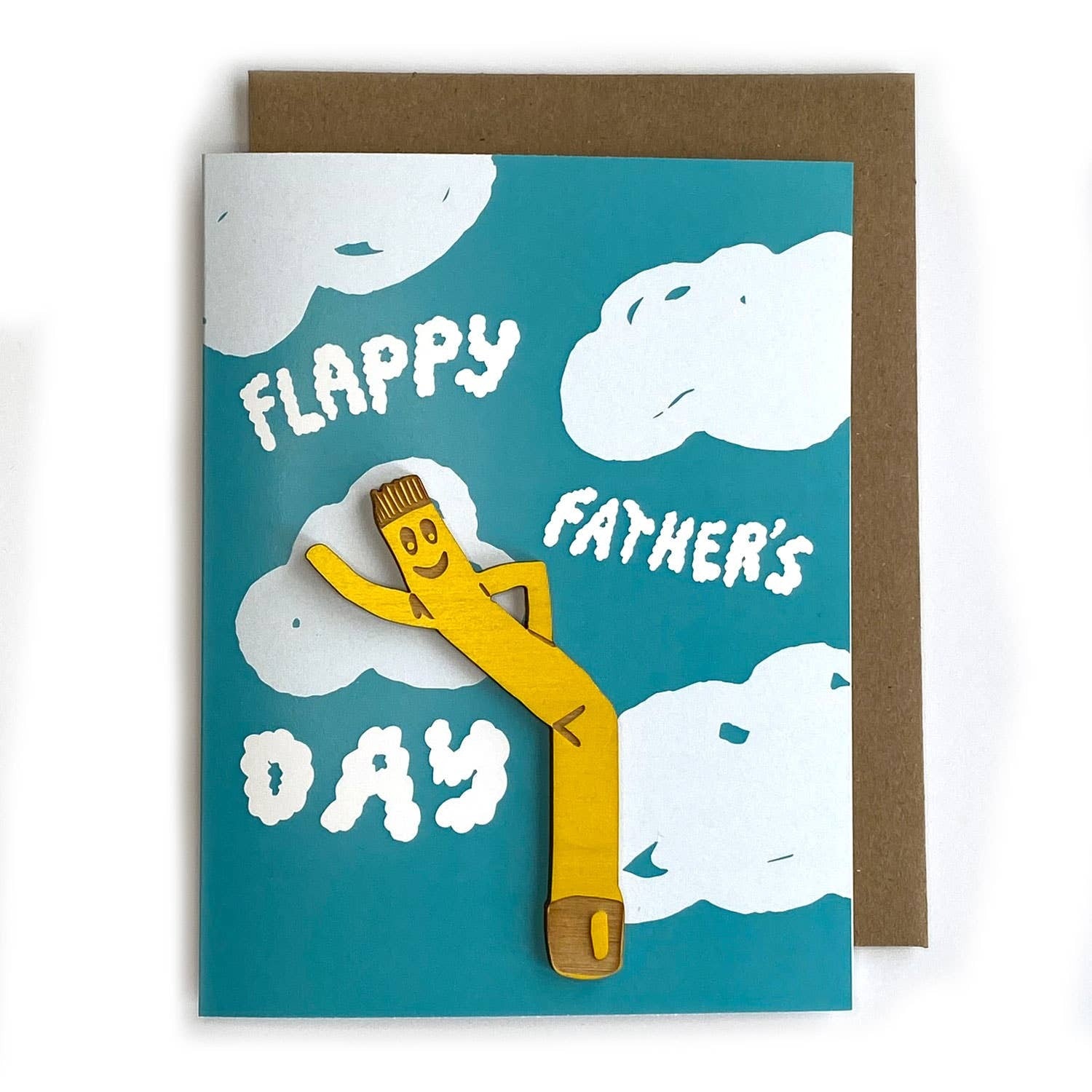 Nothing says "happy father's day" like a flappy air dancer! This bright yellow magnet is meant to be removed and kept forever, so much more fun than *just* a card.

• Packaged in a compostable cellophane sleeve with a kraft envelope. 
• Magnet is hand pai