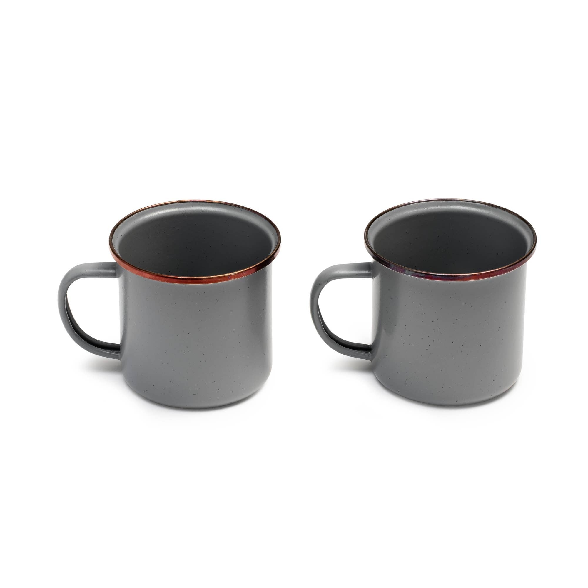 Complete your place settings with this set. Highlighted by a copper rim, a cup of coffee never looked so inviting. Each item features a hand-finished baked stainless steel trim, creating unique pieces that form a cohesive set.

Our Enamelware rim is heat 