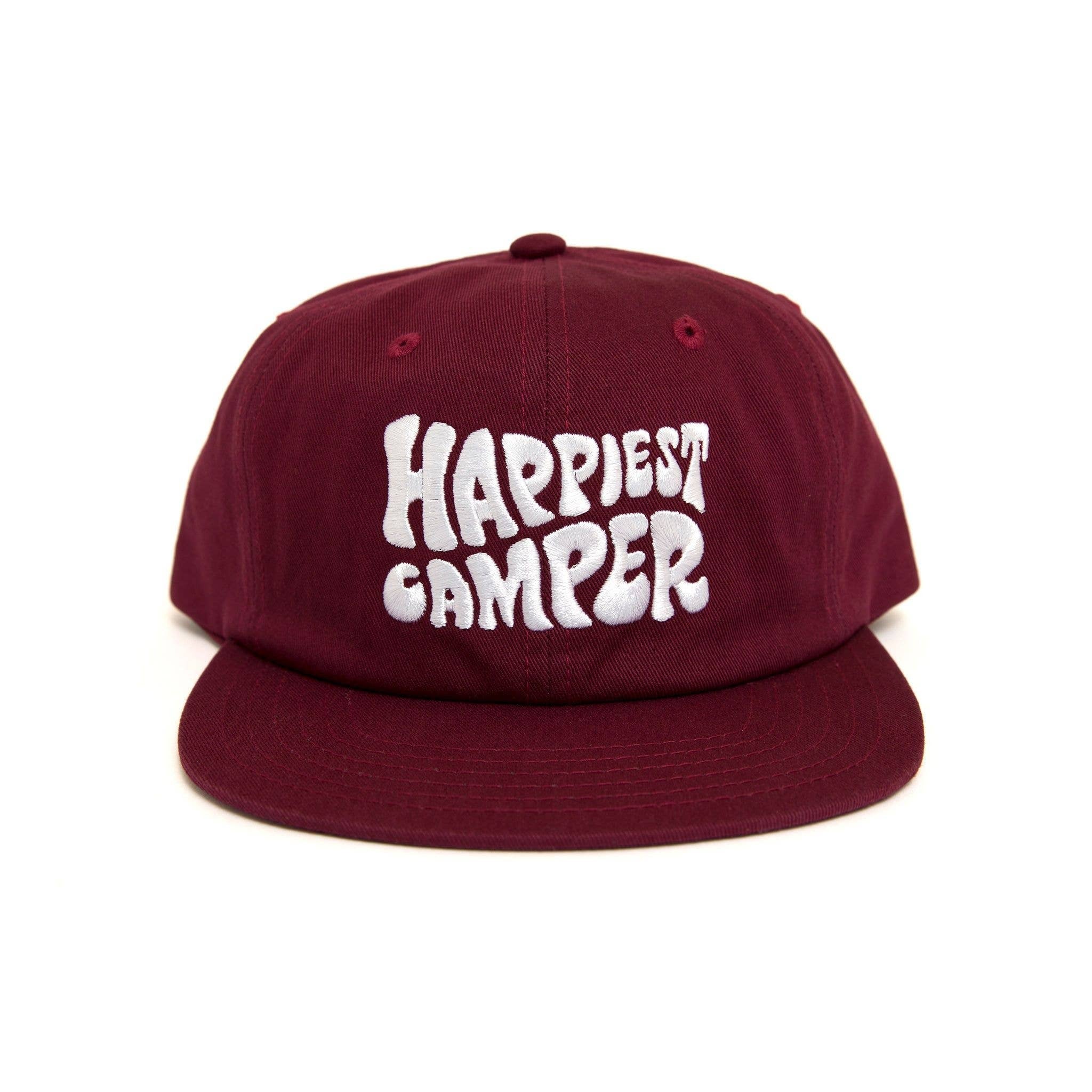 Don't just be a happy camper, be the Happiest Camper.

Our best-selling Happiest Camper design is available in three awesome hat styles.

The Maroon & Orange hats are 100% Cotton, the Navy hat is 100% Nylon, for a little extra durability on your next camp